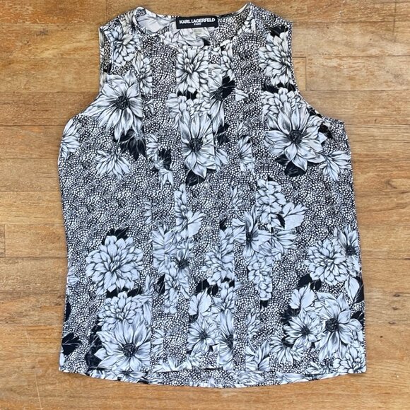 Karl Lagerfeld Blouse Size Small NEW Black/White Floral Pleated Sleeveless Top - Picture 1 of 4